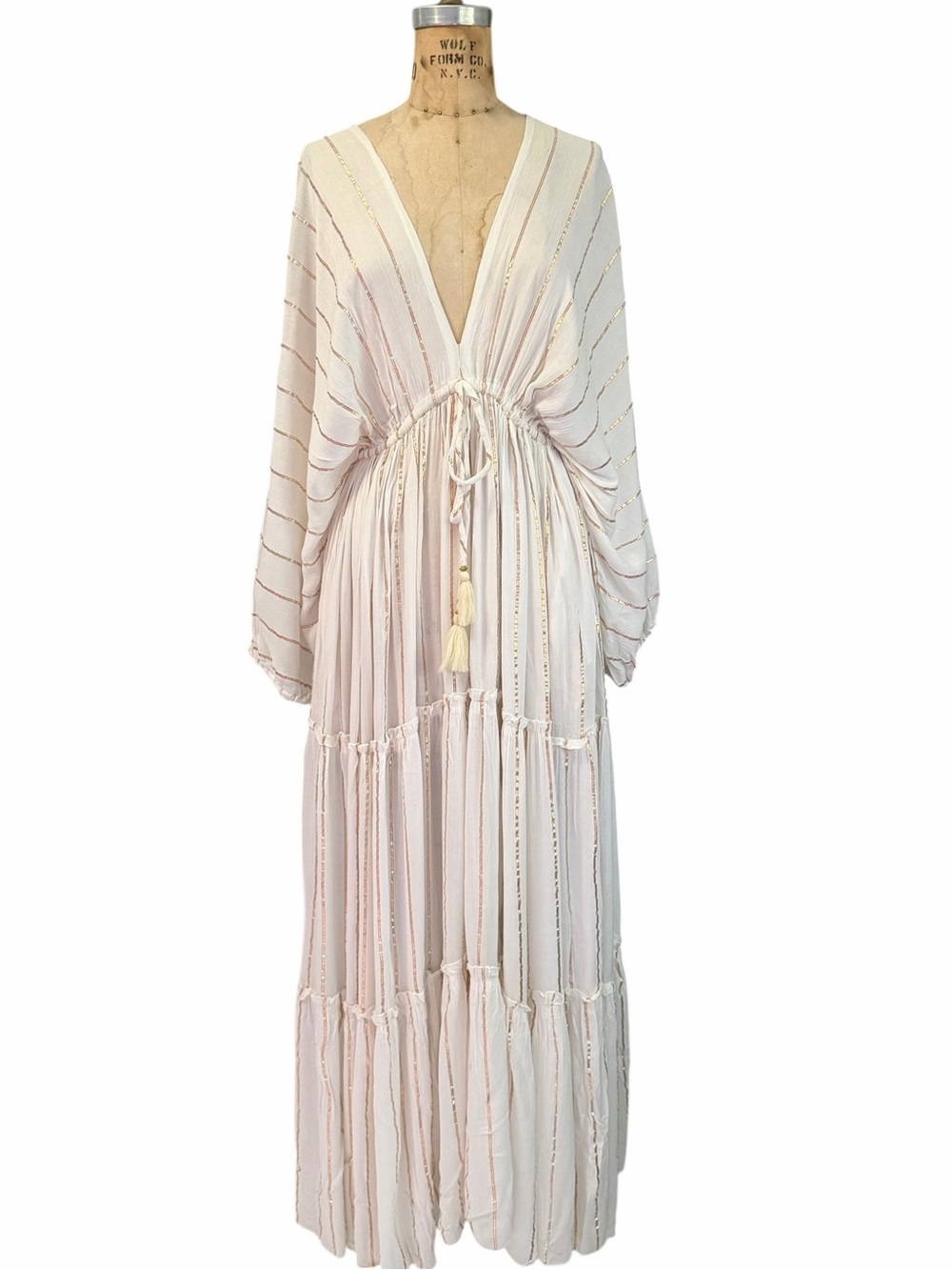 Boho Ivory & Gold Stripe Maxi Dress Deep V-Neck Resort Beach Cover Up Size M